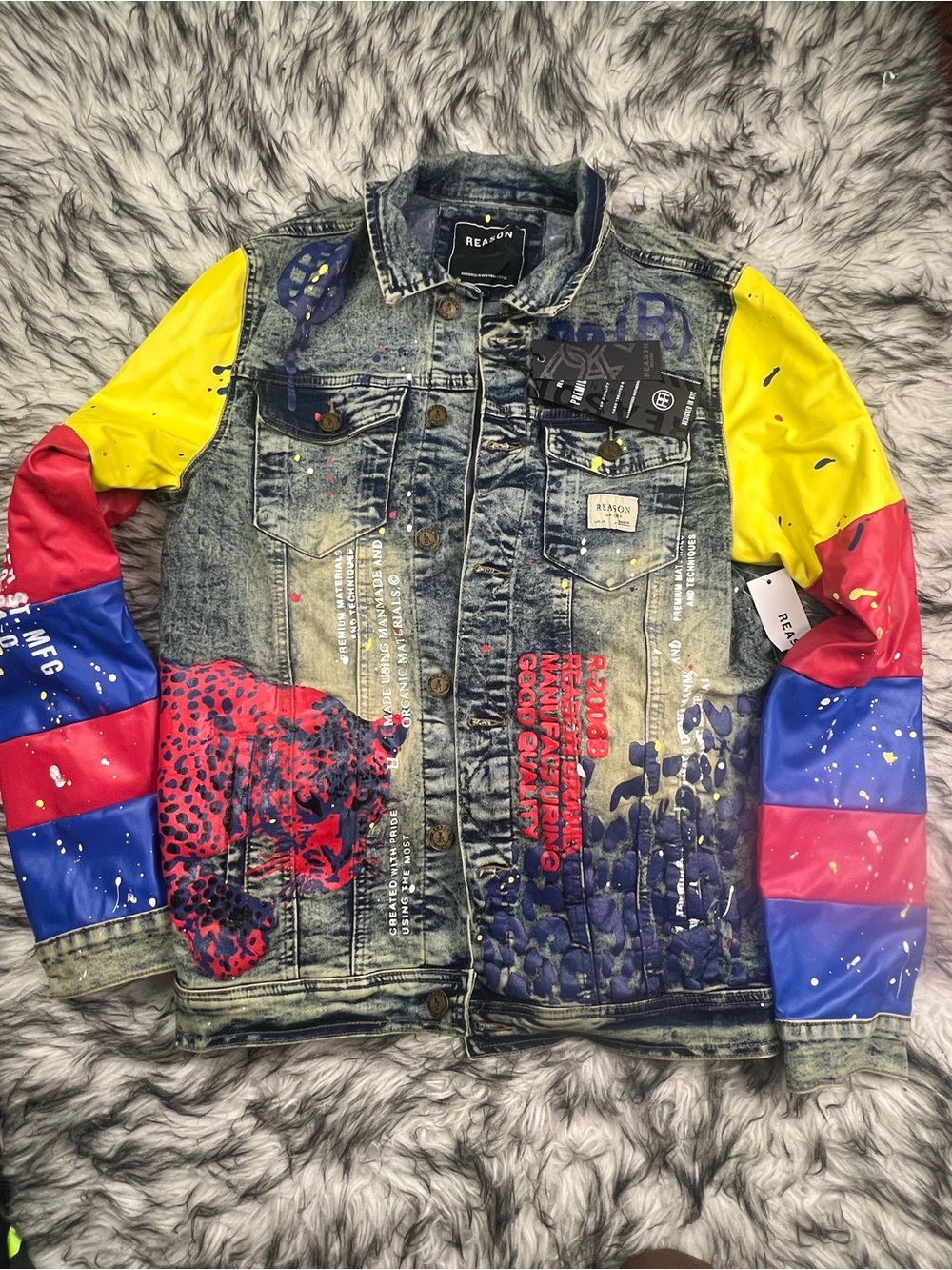 Reason Multicolor Paint-Splatter Distressed Denim Jacket New with tags